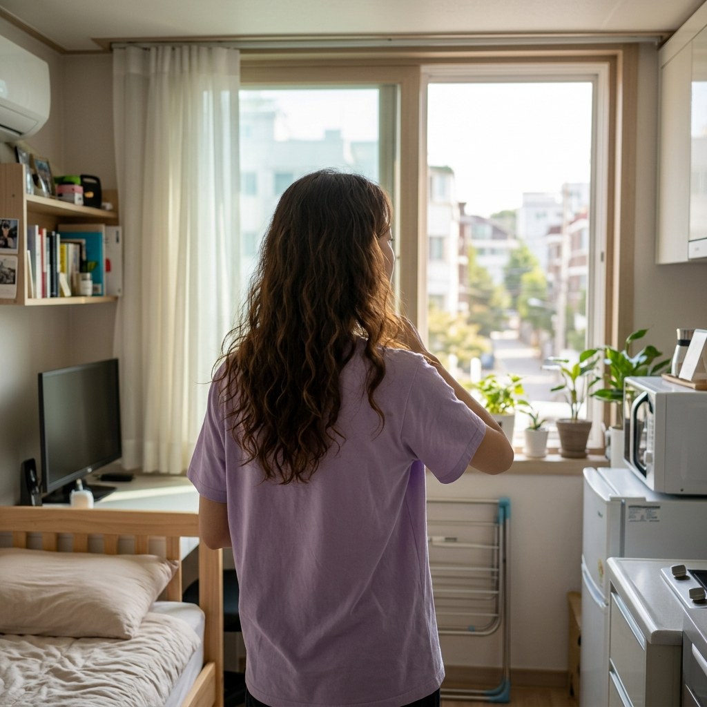 낮 시간대 원룸 창가에서 밝은 자연광이 들어오는 모습을 확인하는 20대 후반 한국인의 뒷모습