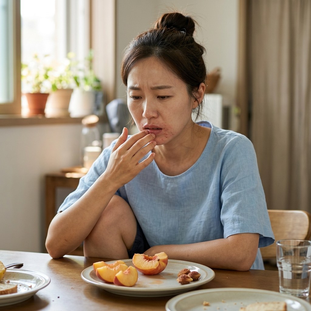 복숭아를 한 입 먹고 입술 주변을 손으로 만지며 불편한 표정을 짓는 30대 여성의 모습, 여름 실내 배경
