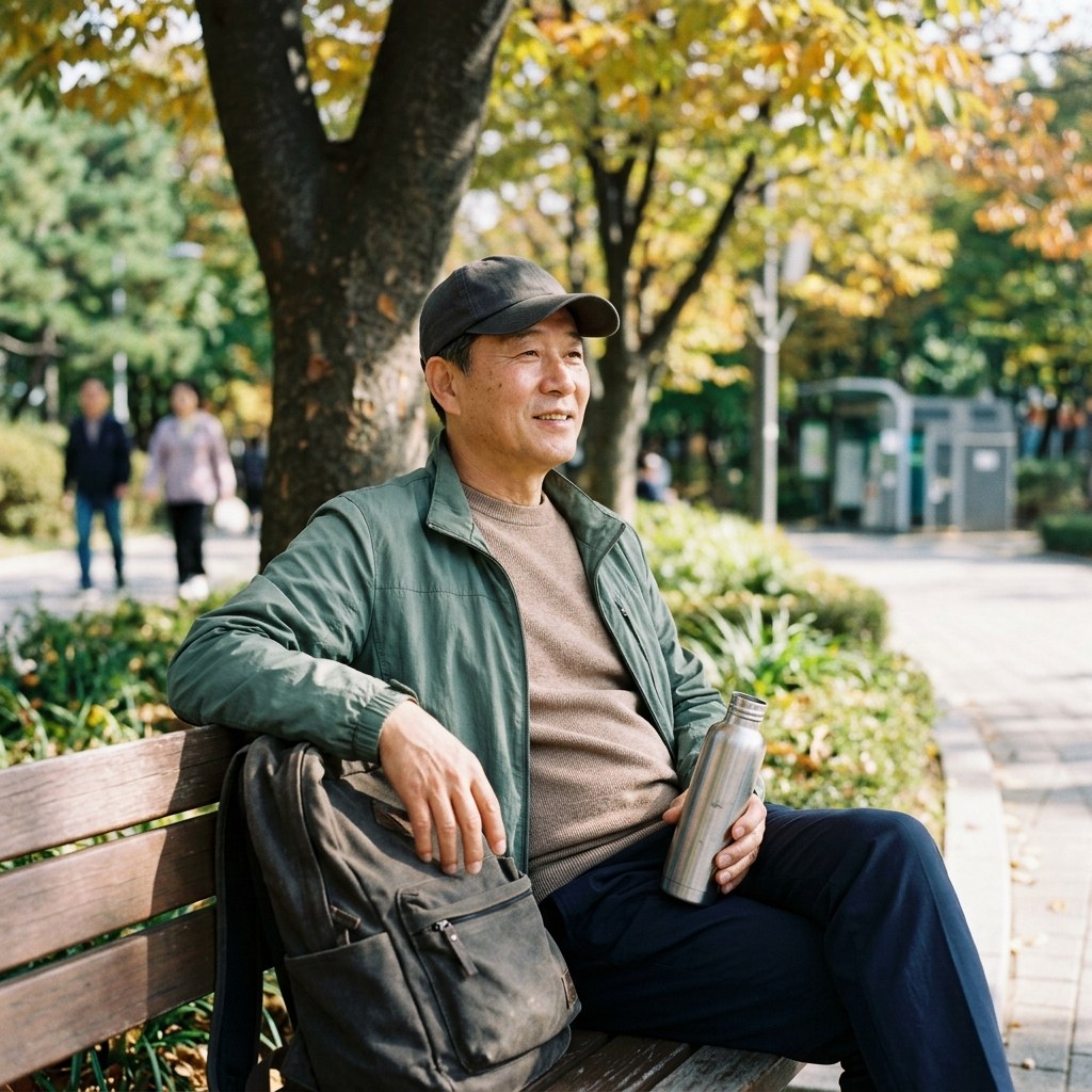 공원 벤치에 앉아 가벼운 휴식을 취하는 60대 초반 한국인, 나뭇잎 사이로 부드러운 햇살이 비치는 낮 시간