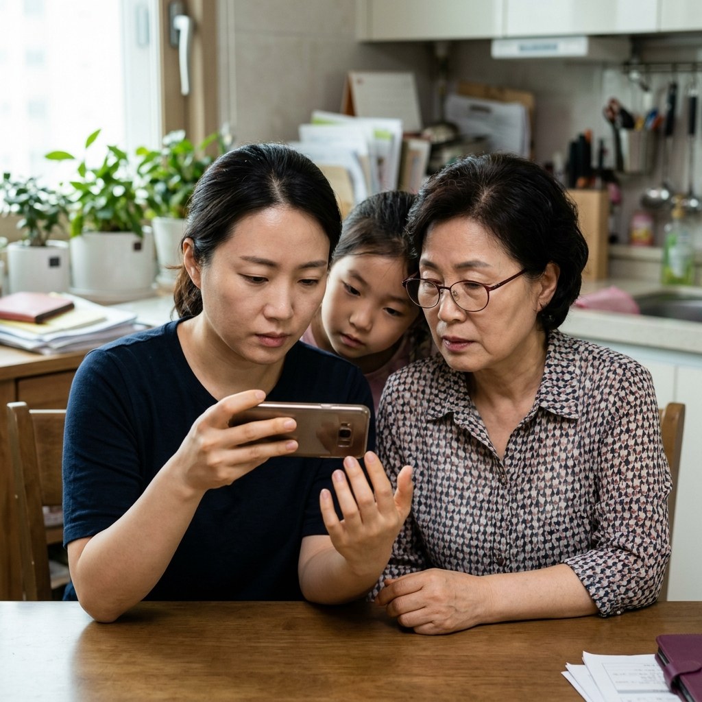 손톱을 카메라로 촬영해 기록하는 장면, 손톱 변화를 확인하기 위한 가족의 관찰 모습