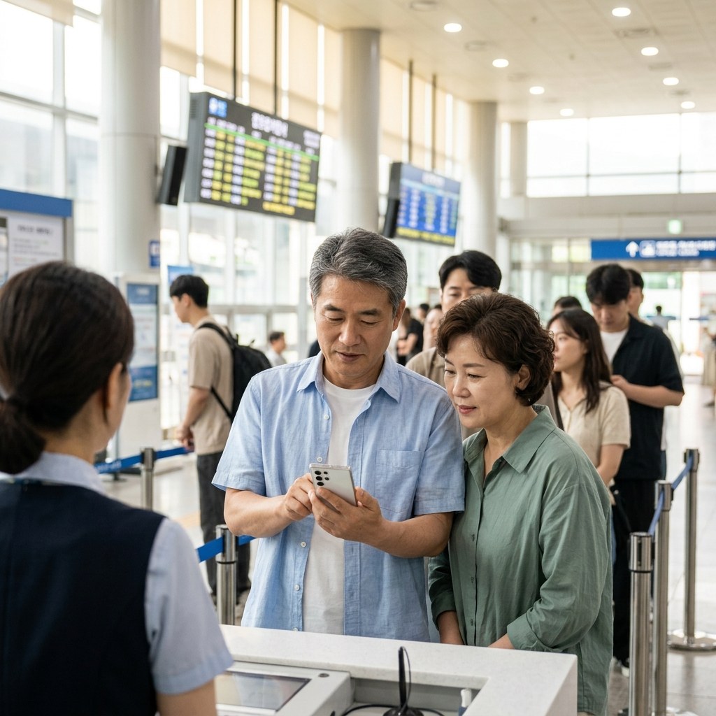 기차역 승차권 발매창구 앞 대기줄에서 스마트폰으로 예매 화면을 보고 있는 중장년 남성과 여성, 밝은 실내 조명