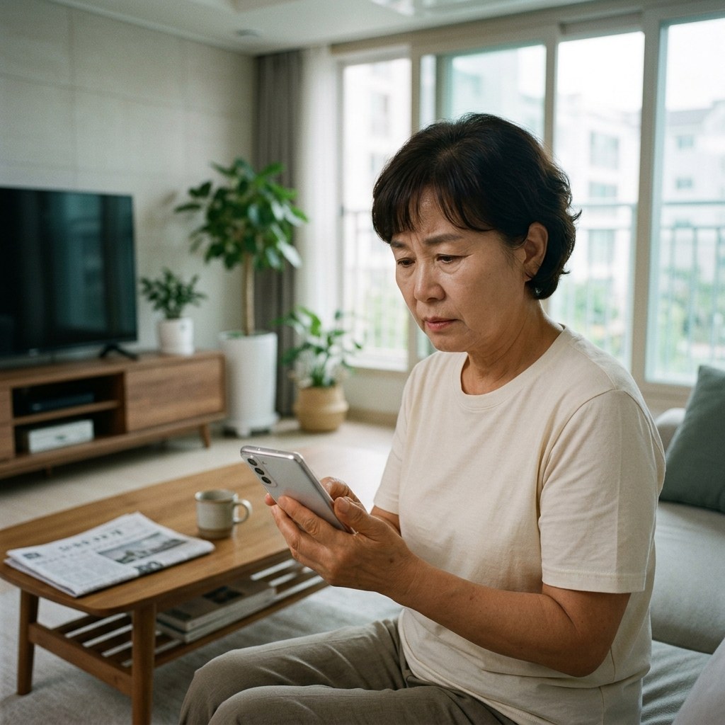 택배 배송 안내 문자 메시지가 표시된 스마트폰 화면을 보며 고민하는 70대 한국인, 거실 배경