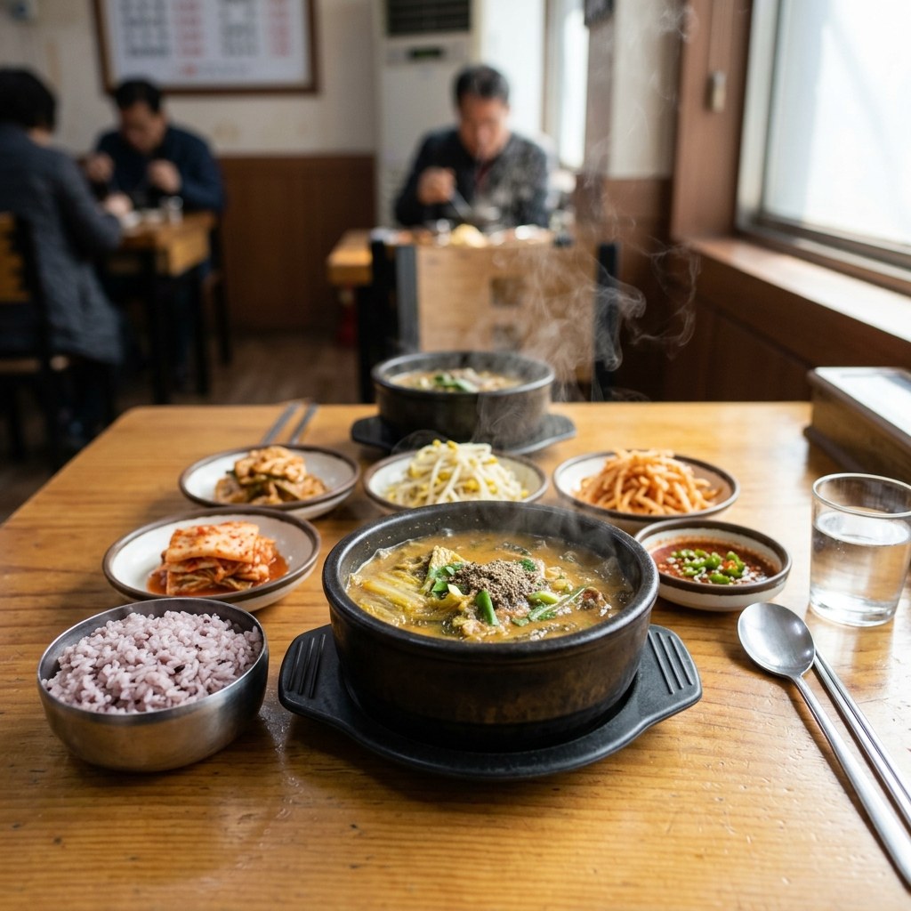 김이 모락모락 나는 추어탕 한 그릇과 밥, 반찬이 놓인 한식 상차림