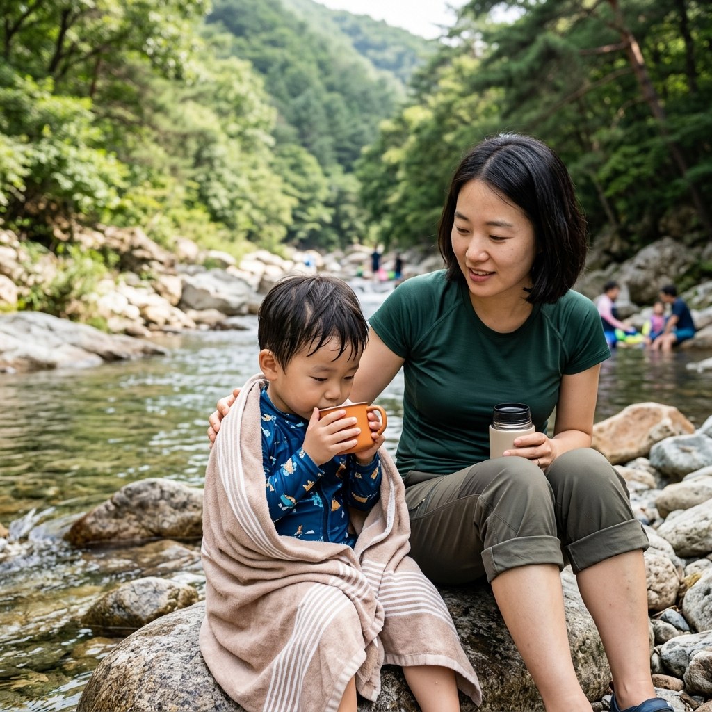 계곡가에서 래시가드를 입고 수건을 두른 영유아가 보호자 옆에서 따뜻한 음료를 마시는 모습