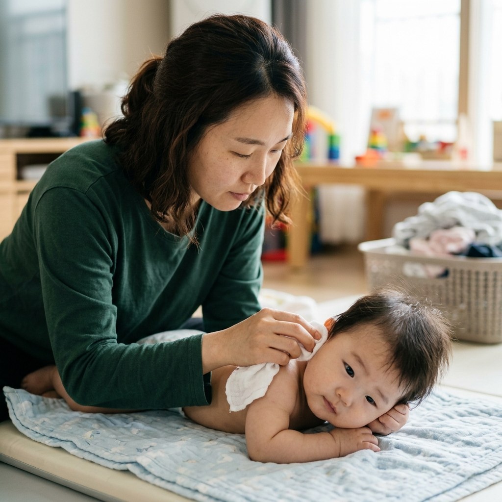 아기를 옆으로 눕힌 채 부드럽게 귀 주변을 수건으로 닦아주는 장면