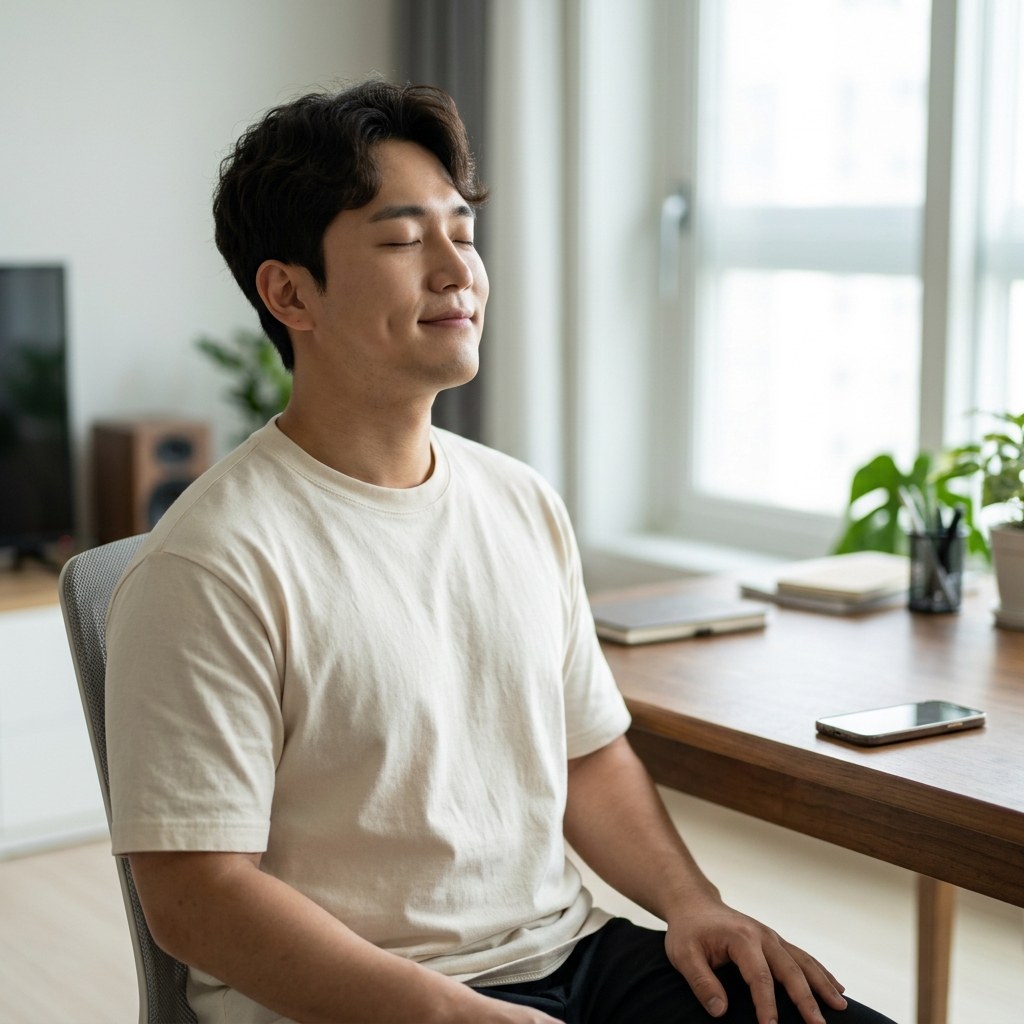 책상 앞에 앉아 눈을 감고 손을 무릎에 얹은 채 4-7-8 호흡법을 실천하는 20대 여성, 스마트폰은 책상 끝에 치워둔 모습