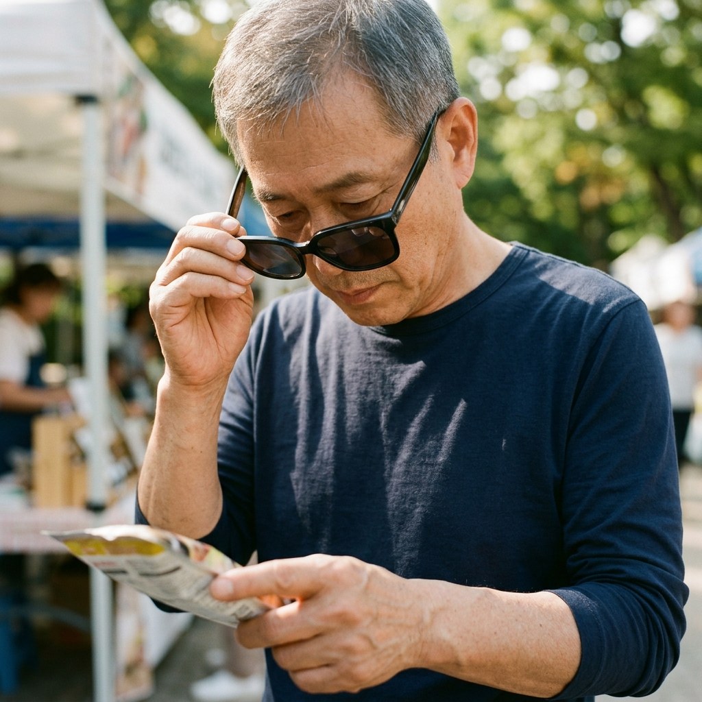 야외 햇빛 아래서 선글라스를 쓰고 제품 표시를 확인하는 사람의 손과 렌즈