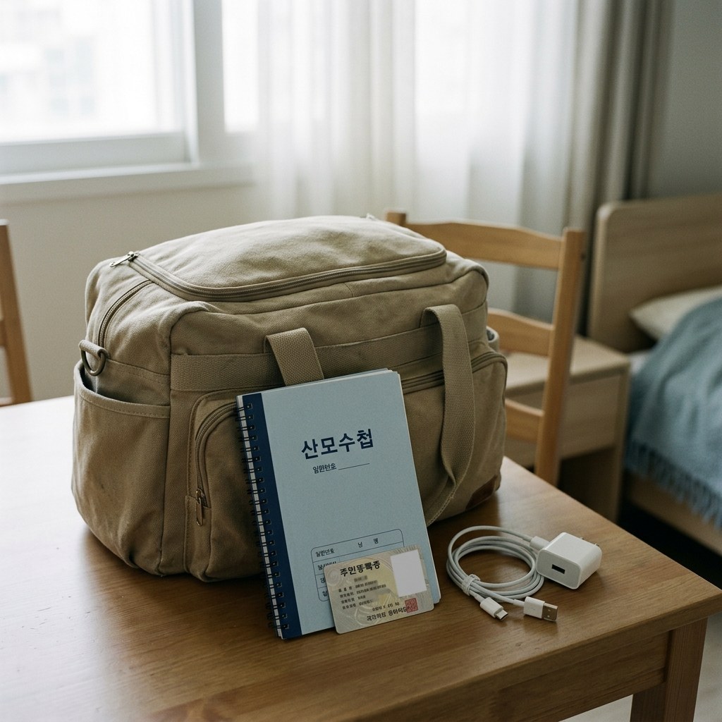 베이지색 출산 가방 옆에 놓인 산모수첩, 신분증, 휴대폰 충전기