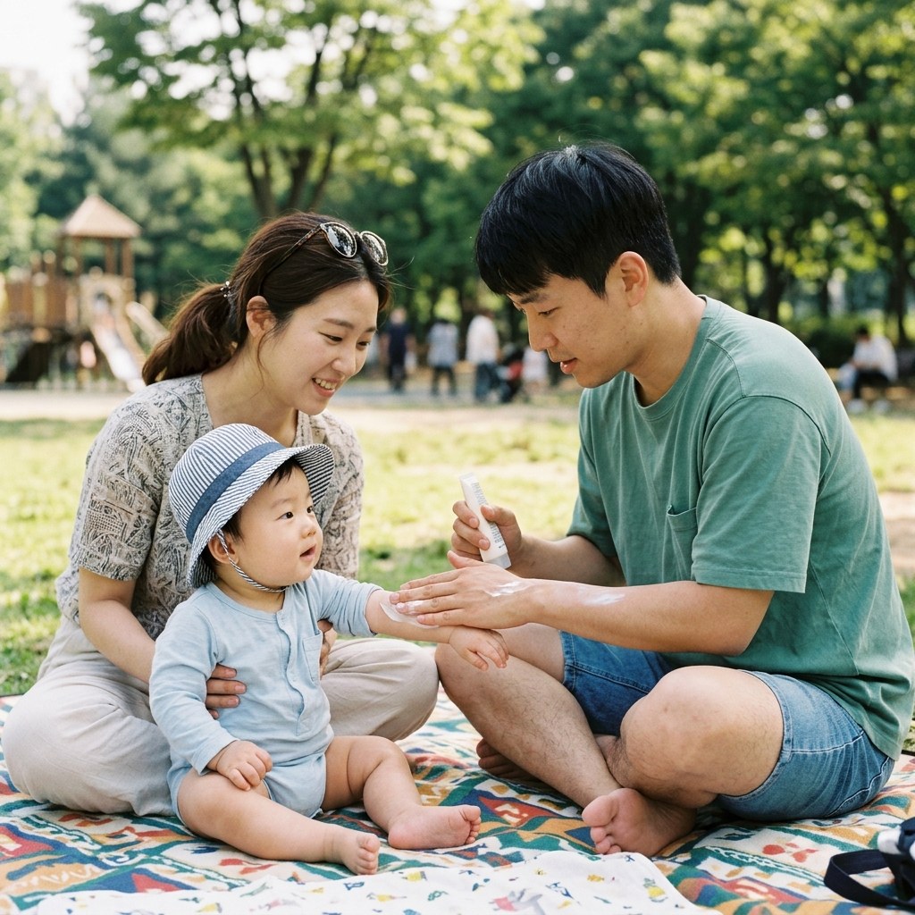 모자를 쓴 생후 6개월 아기가 부모와 함께 야외에서 햇빛 아래 앉아 있고, 부모가 아기 팔에 선크림을 바르고 있는 장면