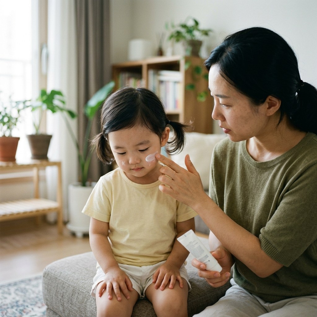 실내에서 부모가 아기 얼굴에 선크림을 손가락 끝으로 꼼꼼하게 펴 바르고, 아기가 조용히 앉아 있는 모습