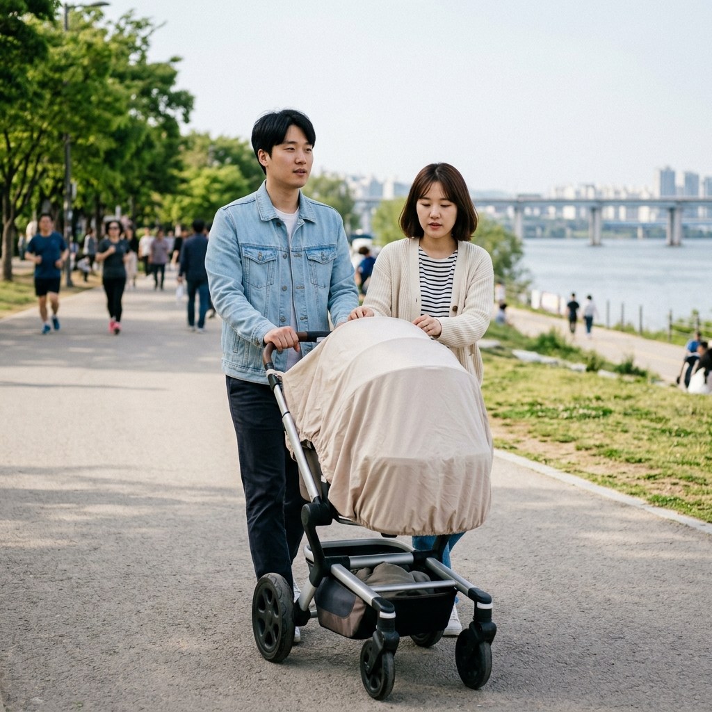 유모차에 선스크린을 덮은 채 야외를 이동하는 부모와 생후 6개월 미만 아기, 아기는 긴팔 옷과 모자를 착용한 모습