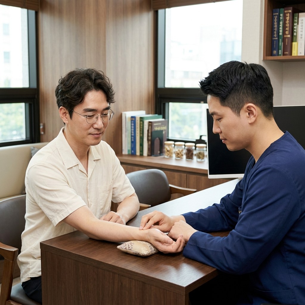 한의원 진료실에서 한의사가 환자의 맥을 짚으며 체질을 확인하는 장면