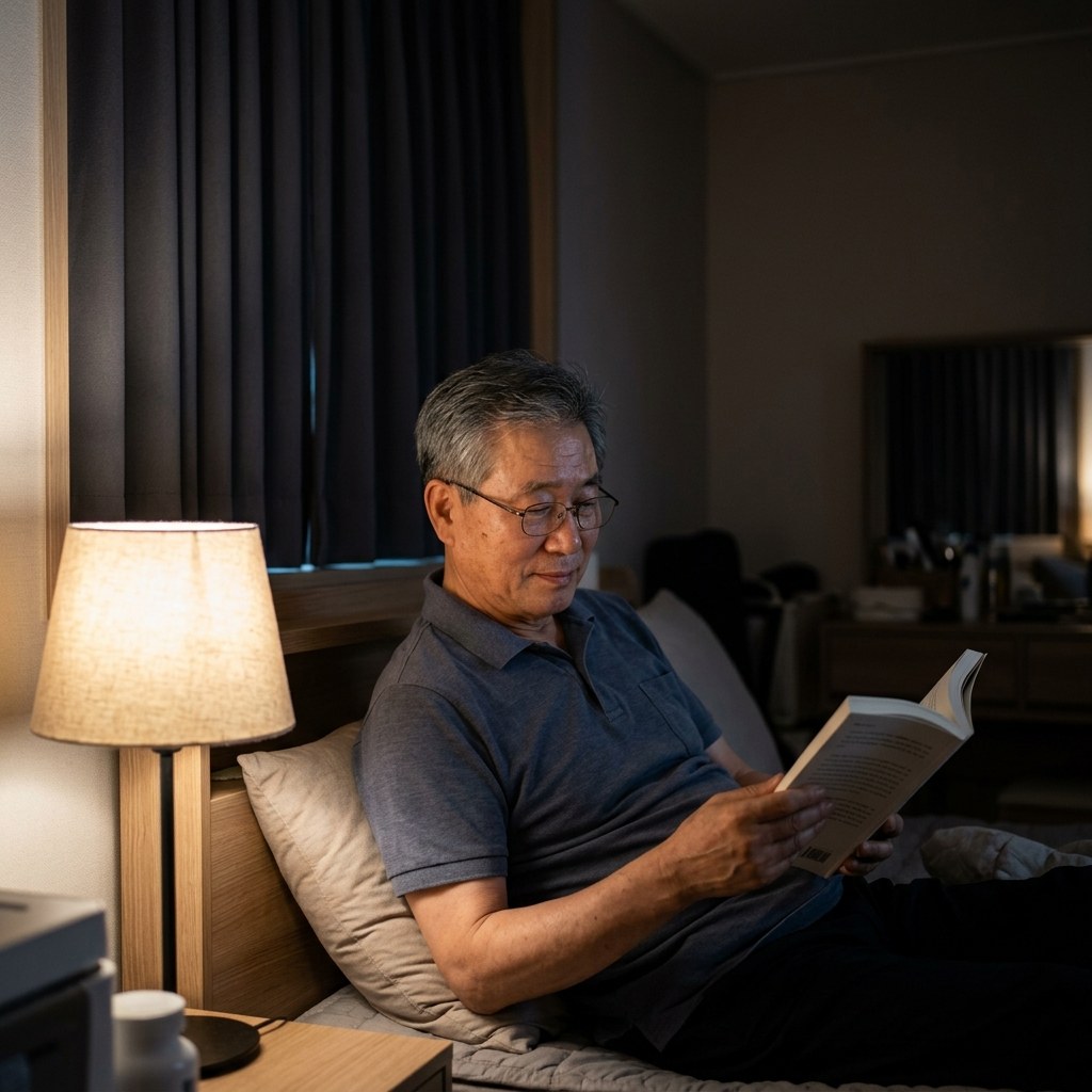침대 옆 스탠드를 낮은 조명으로 켜놓고 책을 읽는 60대 한국인의 모습, 창문에는 암막 커튼이 쳐져 있음