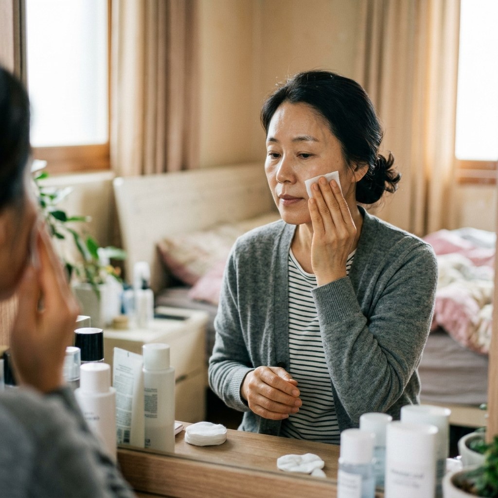 실내 화장대 앞에서 중년 한국인 여성이 쿨링 토너를 적신 화장솜으로 볼과 광대 부위를 가볍게 두드리며 진정시키는 자연스러운 장면, 밝은 조명