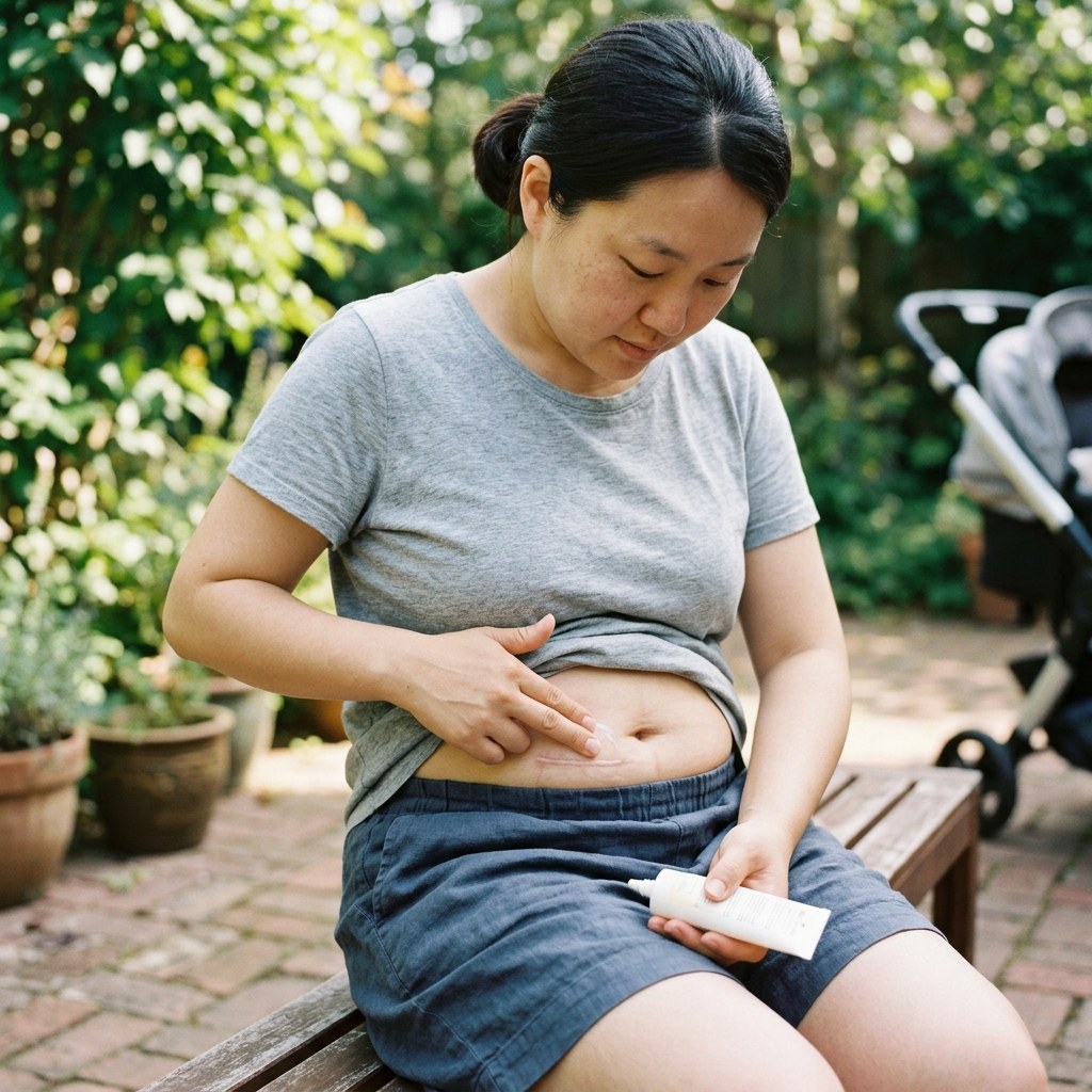 제왕절개 상처 부위에 자외선 차단제를 바르는 산모