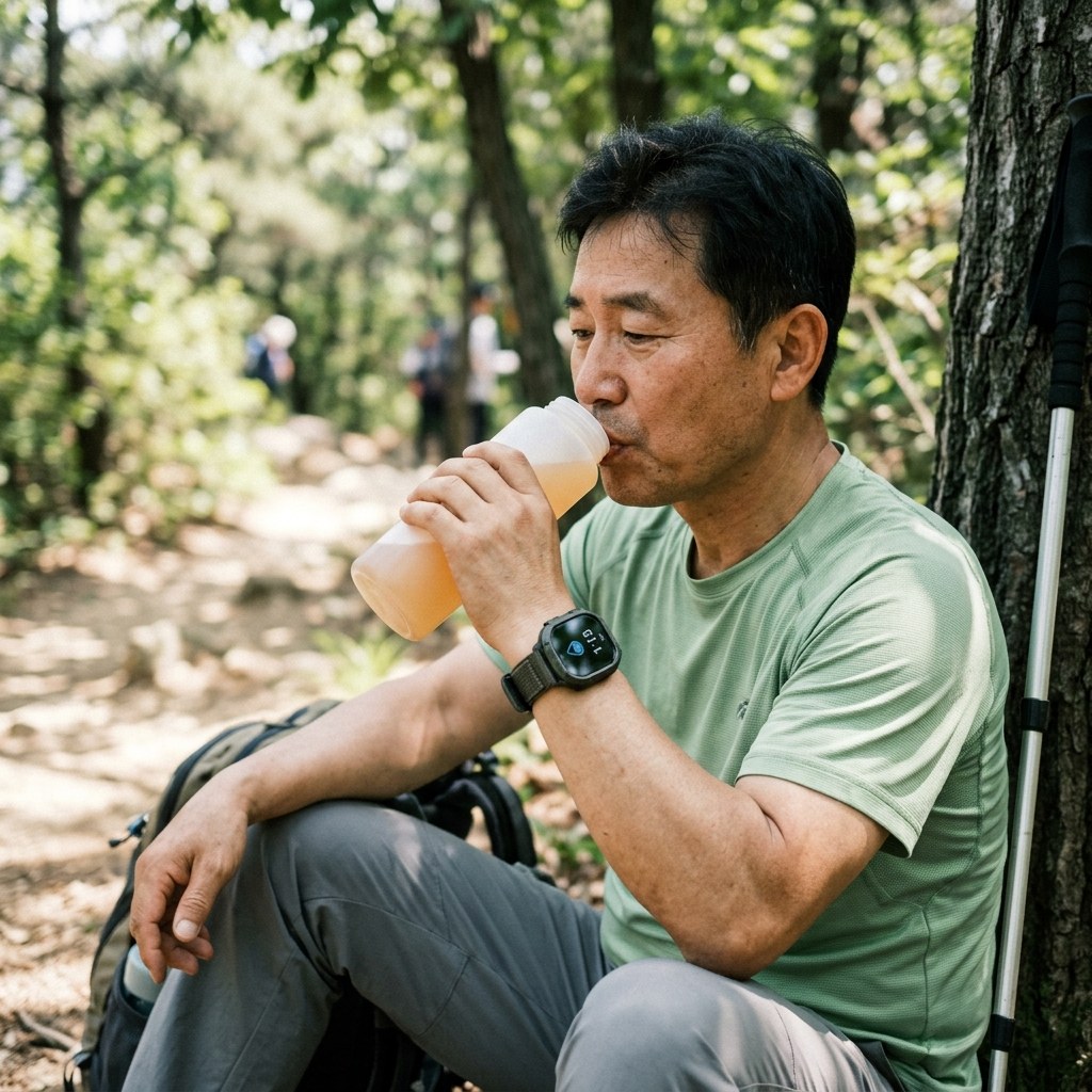 그늘 아래 쉬며 이온음료를 천천히 마시는 등산객과 수분 섭취 간격을 체크하는 손목시계 화면