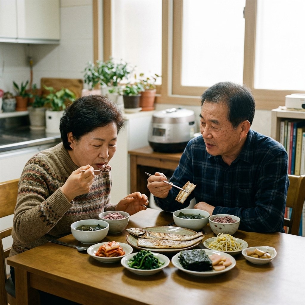 식탁에 놓인 갈치구이와 반찬, 60대 부부가 함께 식사하는 장면