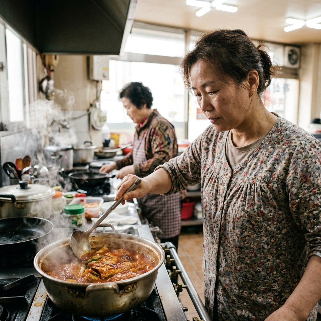 찜통에서 익어가는 갈치찜, 증기가 올라오는 주방 풍경