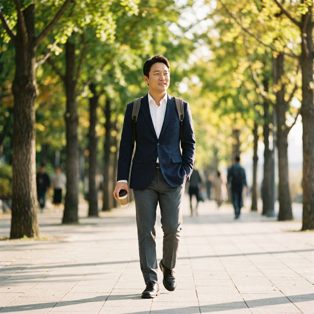 아침 햇살 받으며 출근길 가벼운 산책하는 정장 차림 직장인