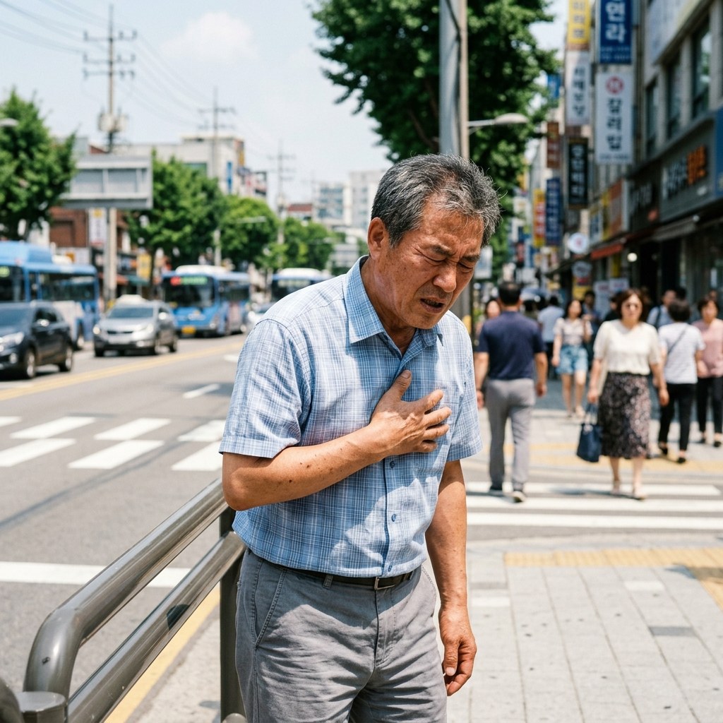 한낮 도심 도로변에서 짧은 소매 셔츠를 입은 중년 남성이 가슴을 누르며 호흡 곤란을 느끼는 모습, 햇빛이 강하게 비치는 여름 거리 배경