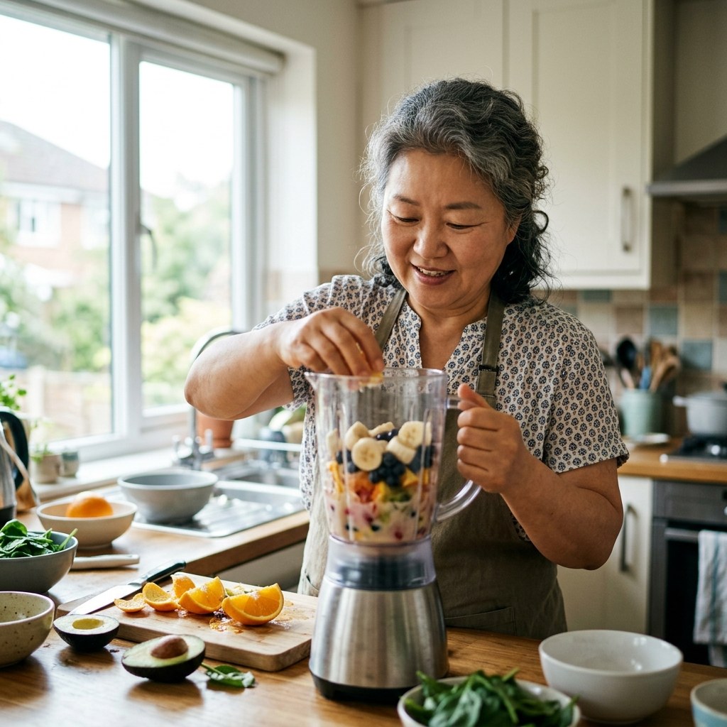 50대 여성이 주방에서 믹서기에 과일을 넣고 스무디를 만드는 장면, 과일 껍질과 과육이 함께 보이는 밝은 실내