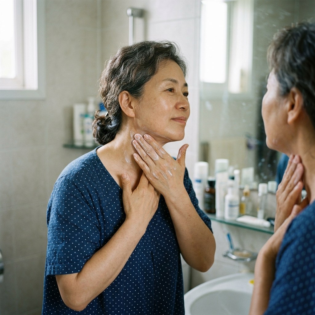 세면대 앞에서 목 전체에 선크림을 바르는 50대 여성의 손 동작, 아래에서 위로 쓸어 올리는 장면