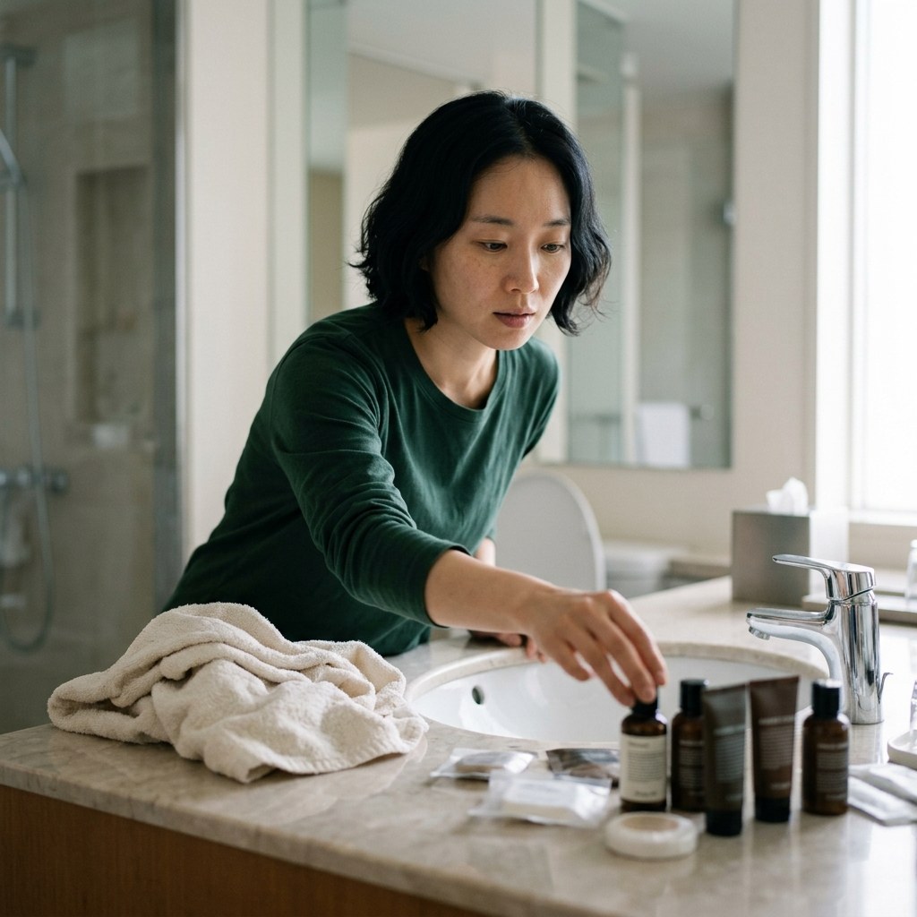 세면대 위에 놓인 낯선 호텔 어메니티와 거친 수건을 확인하는 장면