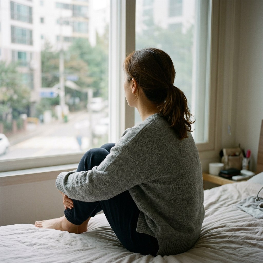 침대에 앉아 무릎을 끌어안고 창밖을 바라보는 30대 여성의 뒷모습, 부드러운 실내 조명