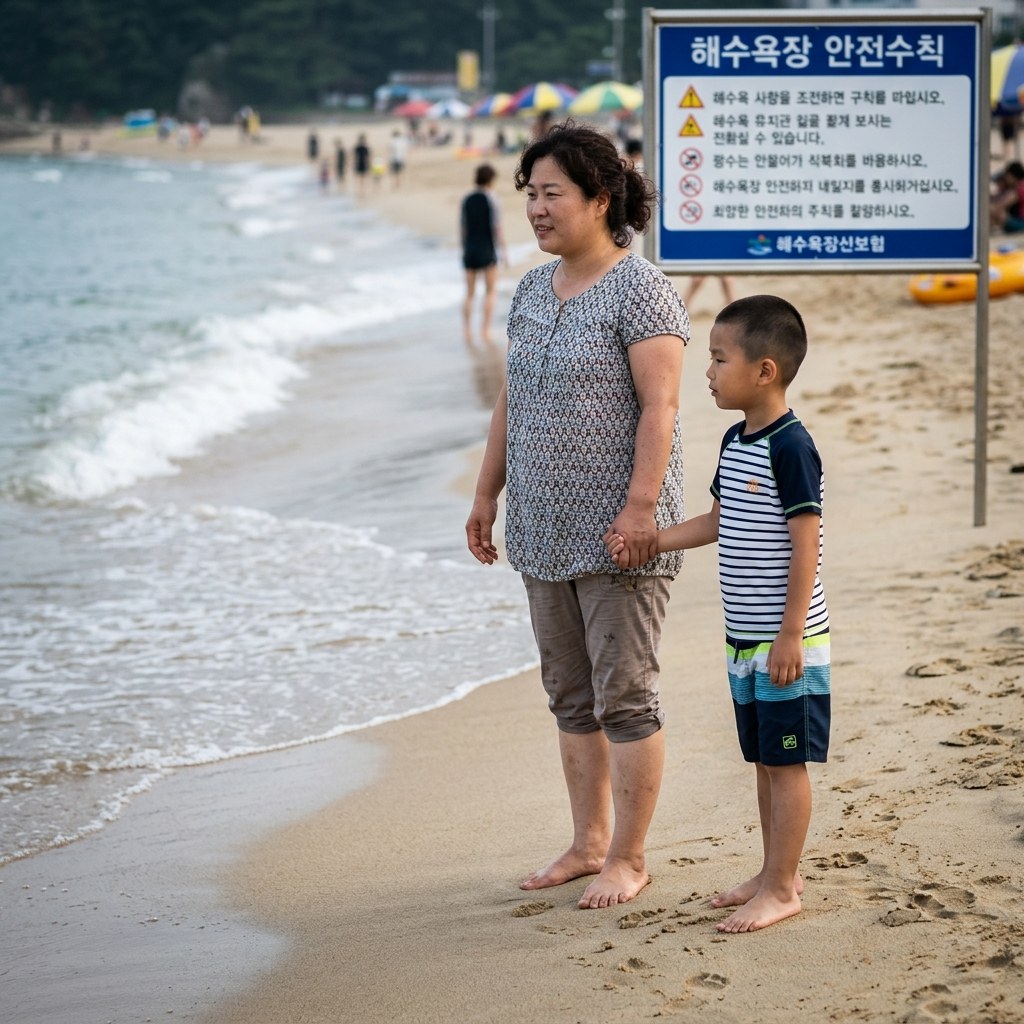 해변가 모래사장에서 초등학생 정도 아이가 보호자 옆에서 물가를 바라보고 있고, 보호자가 아이 손을 잡고 있는 모습. 배경에 해수욕장 안전 표지판과 낮은 파도가 보인다