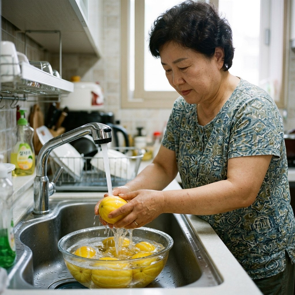 참외를 흐르는 물에 씻는 장면, 투명한 유리 그릇과 개수대