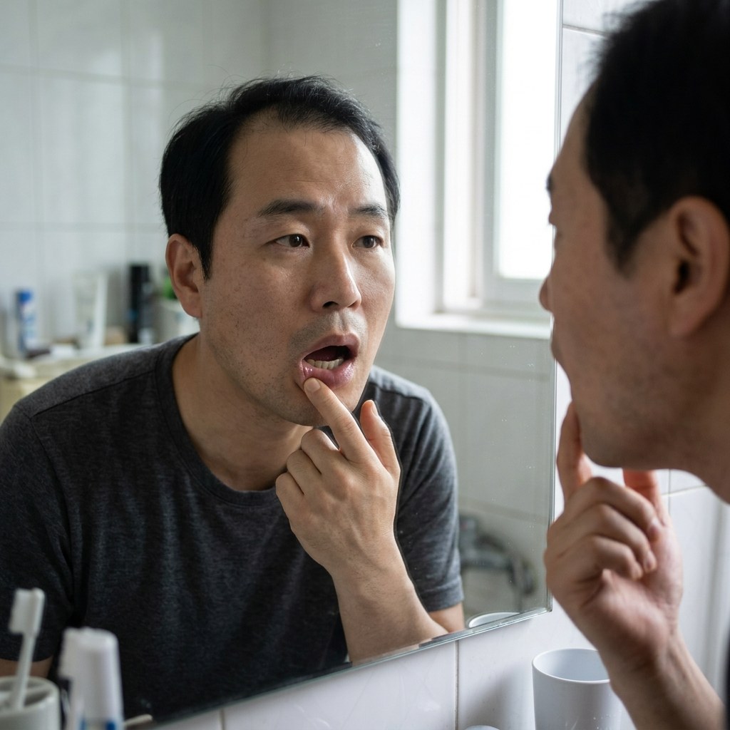 거울을 보며 입 안쪽을 손가락으로 확인하는 40대 직장인의 클로즈업, 밝은 조명 아래 세면대 앞, 걱정스러운 표정