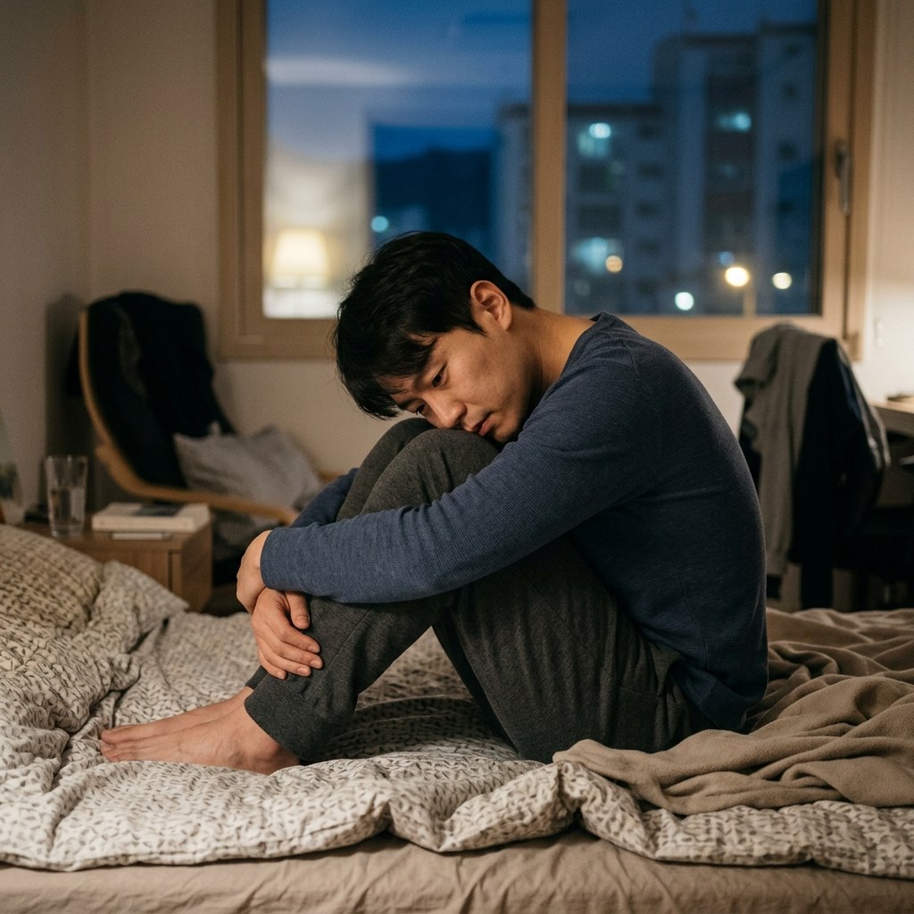 침대에 앉아 무릎을 안고 있는 한국인 성인, 흐릿한 실내 조명, 창밖은 어두운 저녁 시간대, 감정적 고립감이 느껴지는 구도