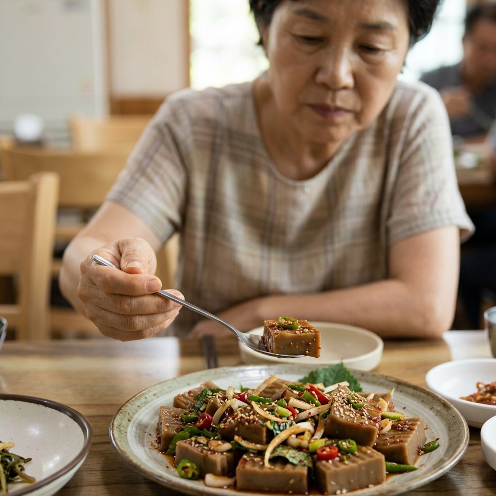 여름날 시원한 도토리묵 무침을 담은 접시를 앞에 두고 수저로 도토리묵을 집어 드는 70대 중반 한국인 시니어의 손과 상체