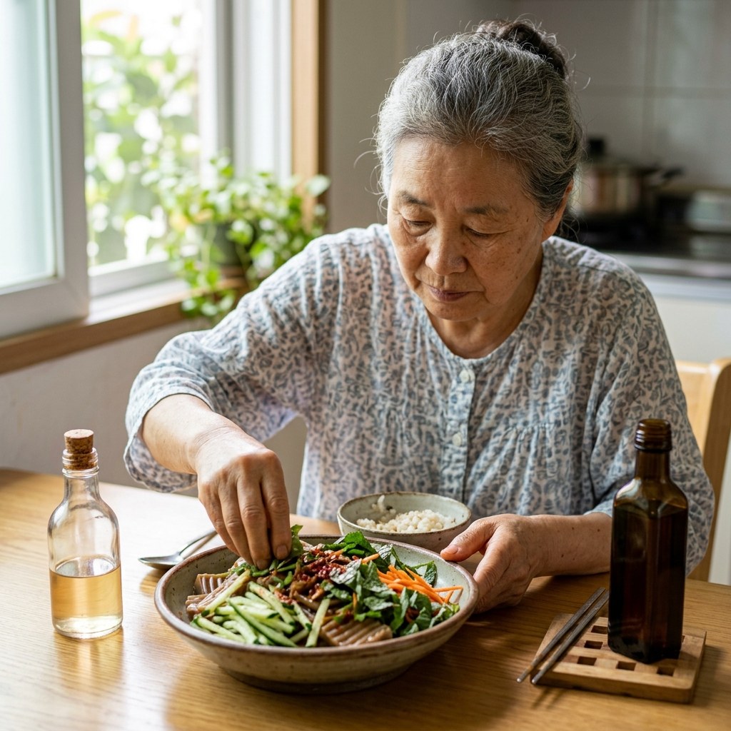 도토리묵을 얇게 썰어 오이채와 깻잎을 곁들인 무침 접시를 테이블 위에 놓고 식초병과 참기름을 옆에 둔 여름날 식탁 풍경