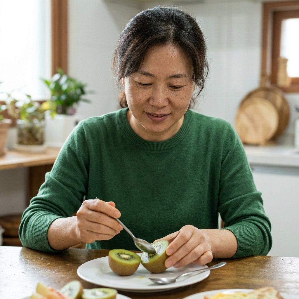 성인이 식탁에 앉아 접시 위의 반으로 자른 그린키위를 스푼으로 떠먹는 모습, 자연스러운 실내 조명