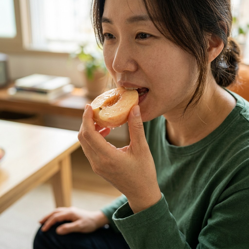 복숭아 단면과 함께 물방울이 맺힌 싱싱한 과육을 클로즈업한 장면