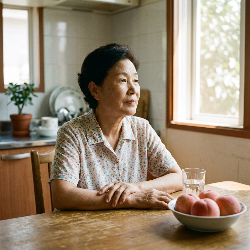 테이블 위에 놓인 복숭아와 물 한 잔, 밝은 여름 햇살이 들어오는 배경