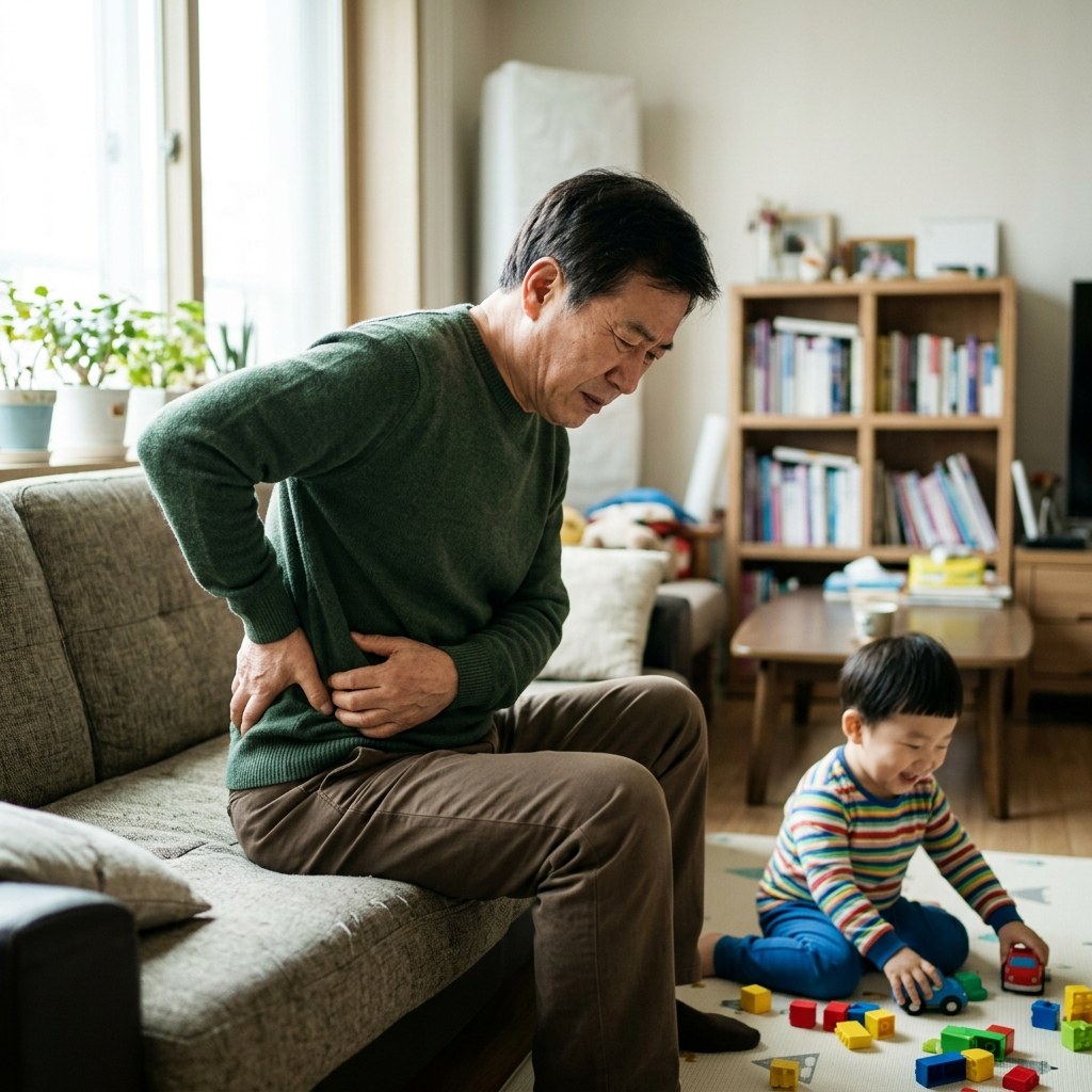 거실 소파에 앉아 허리를 감싸 쥐고 있는 60대 중반 남성, 옆에는 놀고 있는 손주, 밝은 오후 실내 자연광