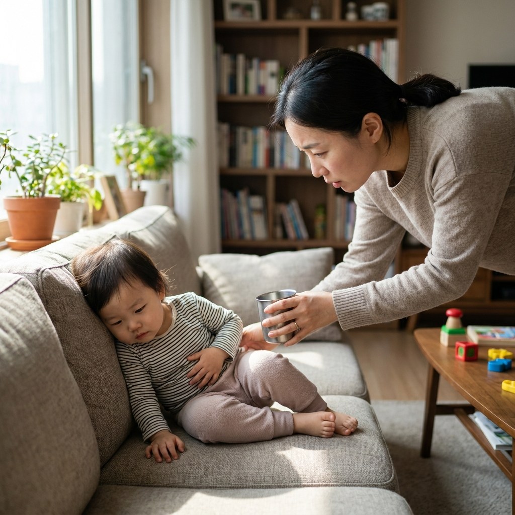 실내 소파에 앉은 유아가 복부를 감싸고 있고, 보호자가 물컵을 건네는 모습