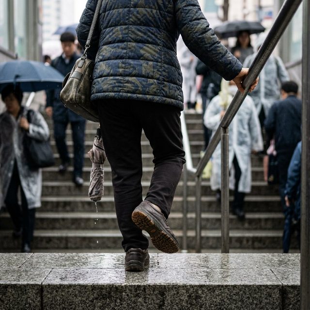 빗길 넘어지면 손목·엉덩이부터, 미끄럼 방지 신발과 보폭 조정부터!