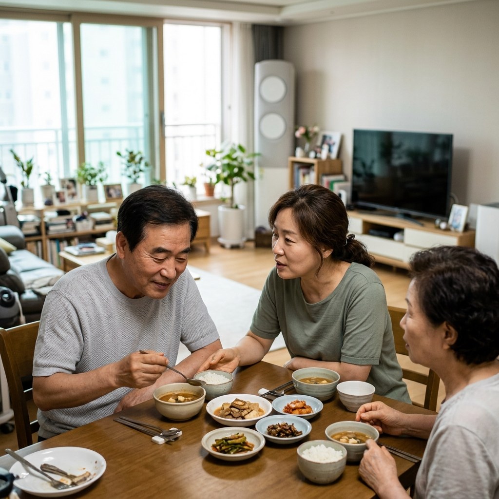 한국인 중년 여성이 시니어 부모님의 식사를 옆에서 관찰하며 대화하는 장면, 따뜻한 실내 조명