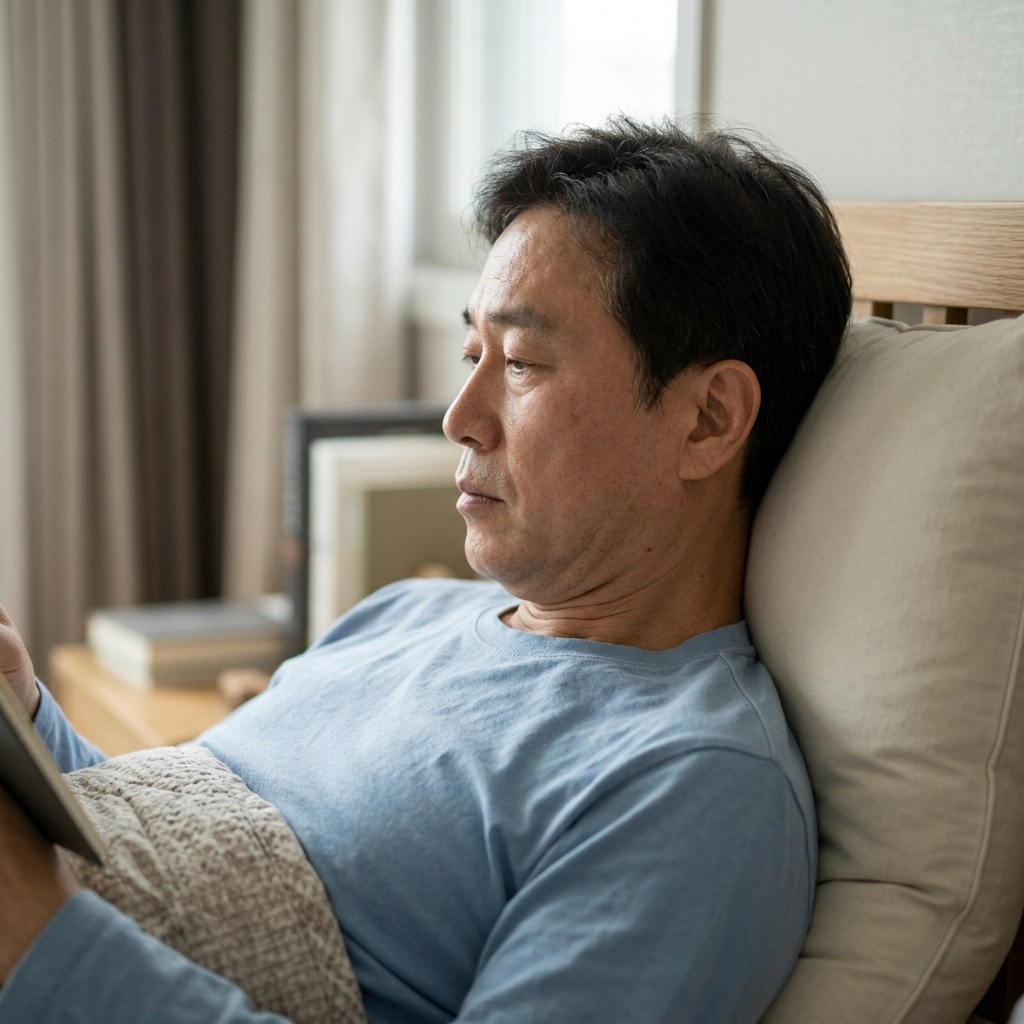 침대에 누워 목을 베개에 괴고 있는 중장년 남성의 옆모습, 베개 높이가 목 곡선과 맞지 않아 목이 앞으로 기울어진 모습
