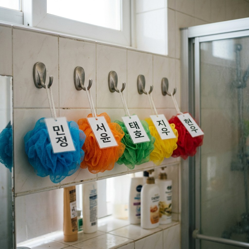 욕실 후크에 걸린 여러 색상의 샤워볼들, 각각 이름표가 붙어 있는 모습