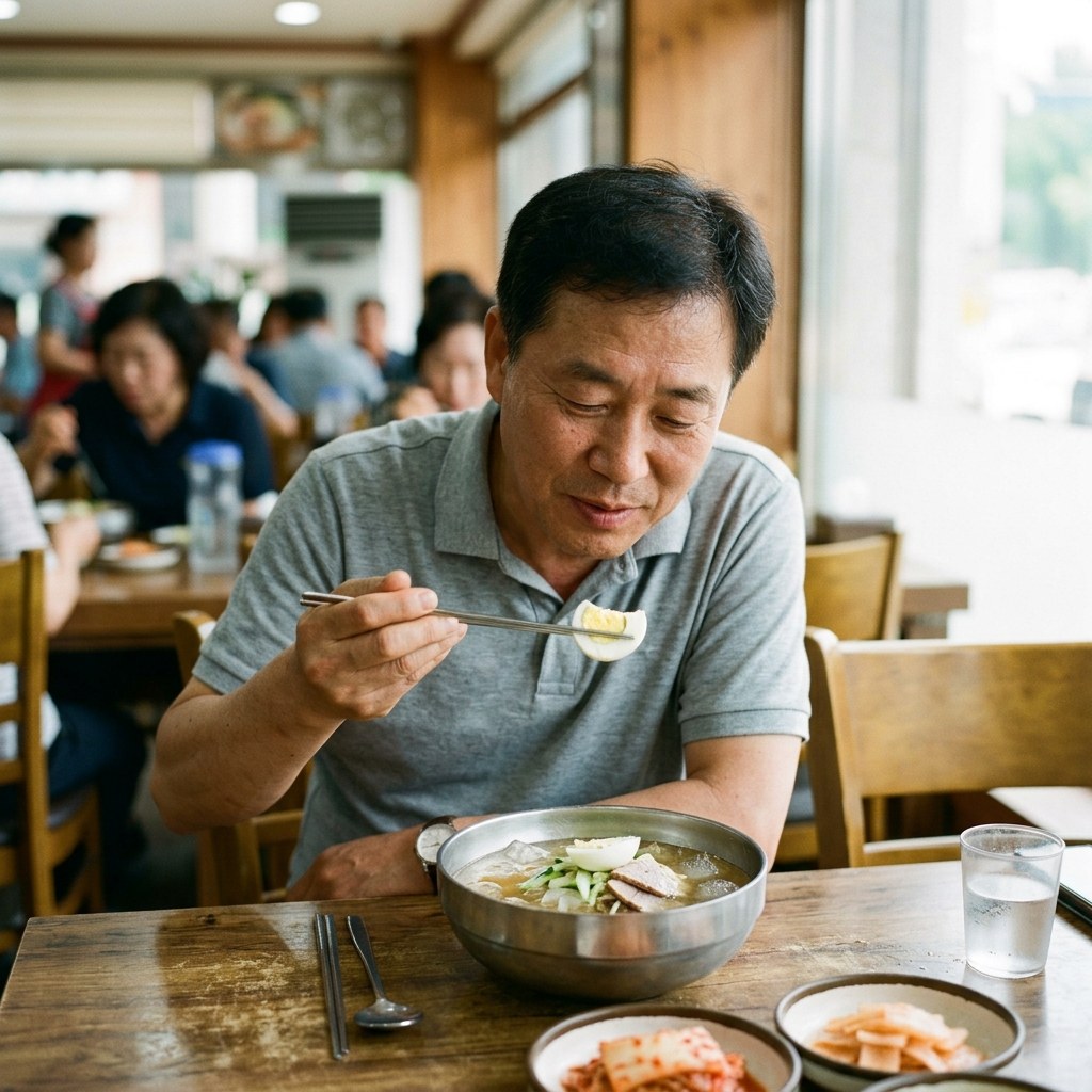한국인 중년 남성이 식탁에서 물냉면 그릇을 앞에 두고 달걀 고명을 먼저 집어 먹는 모습, 실내 자연광, 여름철 반팔 차림