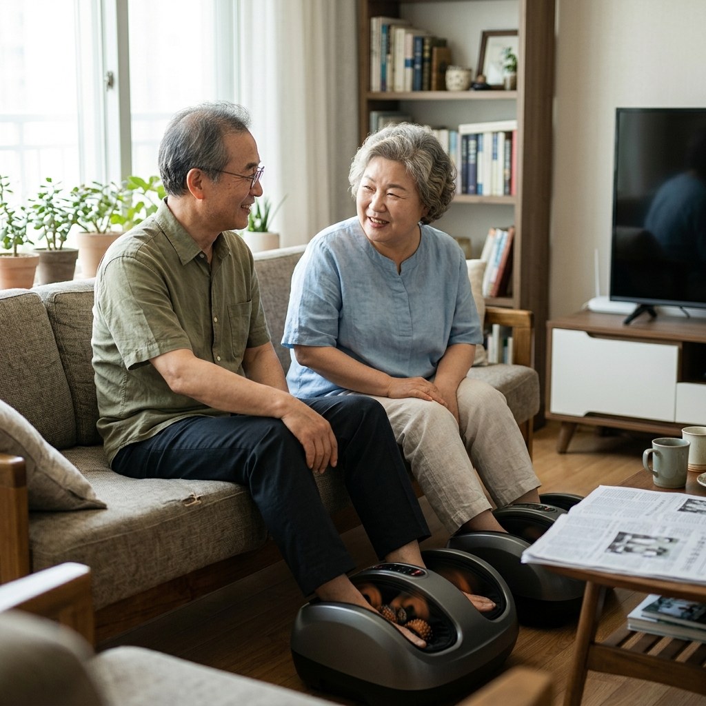 60대 부모님이 거실 소파에 앉아 발마사지기를 함께 사용하며 편안하게 대화하는 모습, 밝은 실내 조명, 따뜻한 색감의 얇은 셔츠 착용