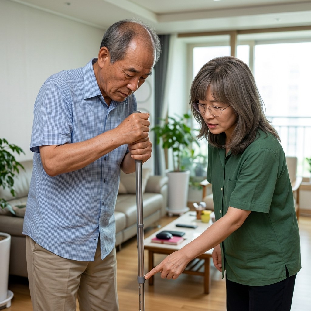 70대 남성이 지팡이를 바닥에 세우고 손잡이를 좌우로 흔들어 확인하는 장면, 보호자가 옆에서 지켜보며 고정 부위를 가리키는 모습, 실내 거실 배경