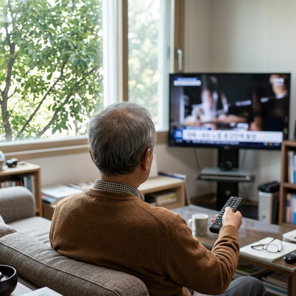 거실 소파에 앉아 TV를 보고 있는 70대 남성의 뒷모습, 리모컨을 든 손, 창밖으로 보이는 잎이 무성한 나뭇가지