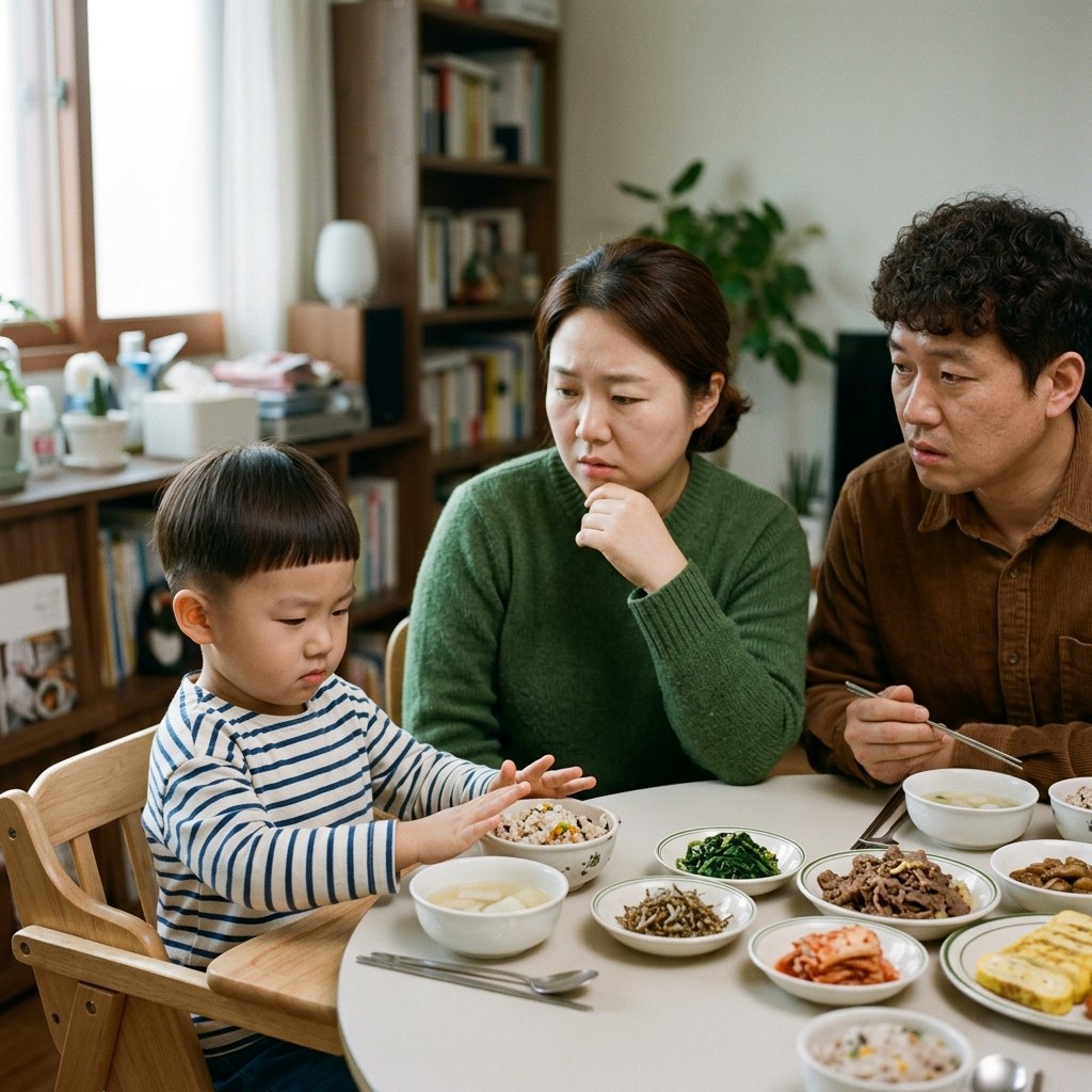 식탁에 앉아 식사를 거부하는 어린이와 걱정스러운 표정으로 지켜보는 부모의 모습