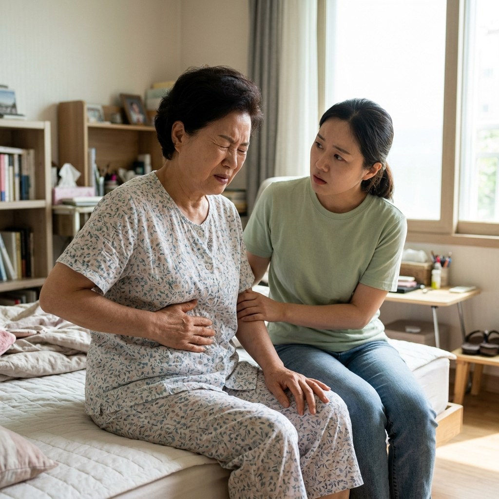 70대 여성이 침대에 앉아 우상복부를 손으로 누르며 고통스러운 표정, 보호자가 옆에서 걱정스러운 표情으로 지켜보는 모습, 여름 실내 배경