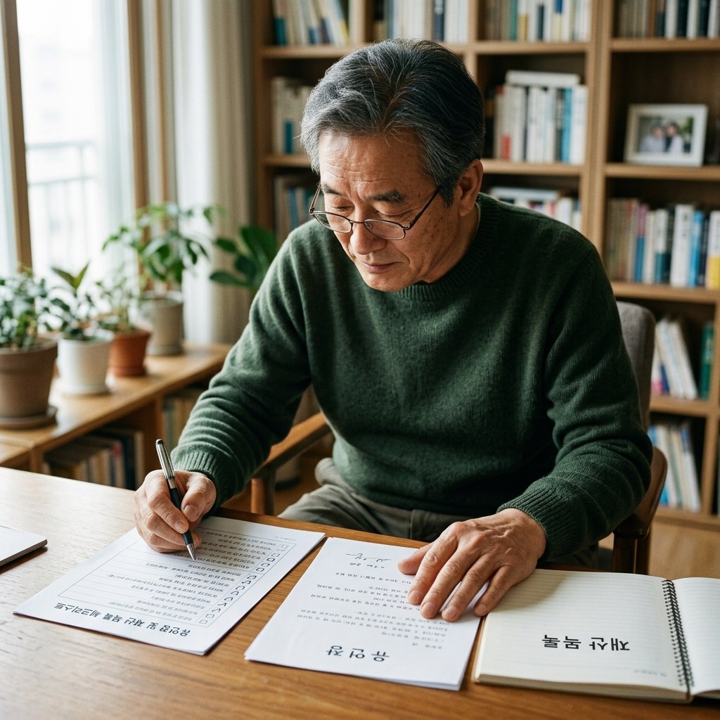 유언장과 재산 목록 종이를 앞에 놓고 체크리스트를 확인하는 65세 시니어의 모습, 밝은 실내 책상